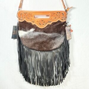 American Darling Cowhide Leather‎ Fringe Crossbody Bag Purse Hand Tooled western
